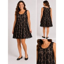 Black Floral Lace Sleeveless A-Line Dress Plus Size 18 Woman Nude Lining