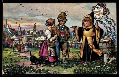 Postcard Münchner Kindl shows a loving couple with dachshund on the way to Oktoberfest 