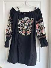Free People Dress M Black Floral Embroidered 3/4 Sleeve Pockets Boho Peasant