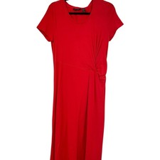 H By Halston Red Short Sleeve Twist Waist Midi Dress Bodycon Womens XS Stretch