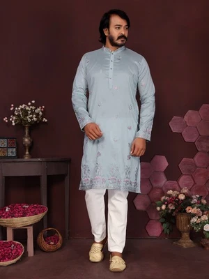 Ensemble Kurta Pajama En Coton Avec Broderie Pour Hommes - Photo 1/4