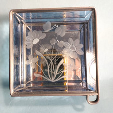 Vintage Trinket Box Etched Floral Design Blue Beveled Glass Mirror Base 1970's