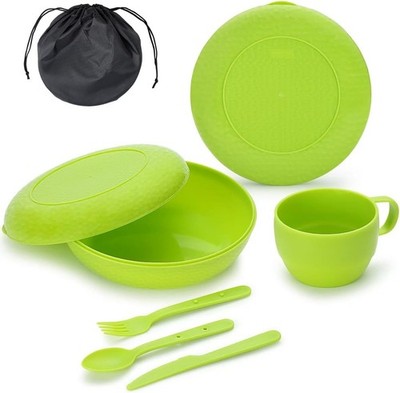 Berglander Camping Mess Kit with Bowl Plate Cup Spoon Fork Knife Bag Green