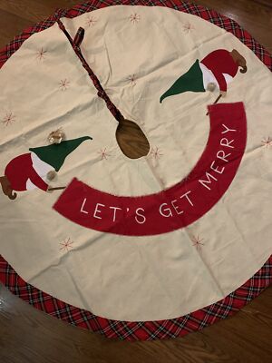54  LETS GET MERRY CHRISTMAS COUNTRY FARMHOUSE PLAID GNOME TREE SKIRT BURLAP