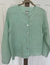 Match Point USA- Womens L-  100% Linen Jacket /Top- Rough Edge - Green