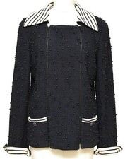 Chanel Blazer Jacket Coat Tweed Navy Blue Beaded Buttons Zipper 2017 Sz 40