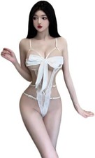 Women's Lace Teddy Bow Knot Lingerie Strappy Bodysuit Babydoll Sleepwear White
