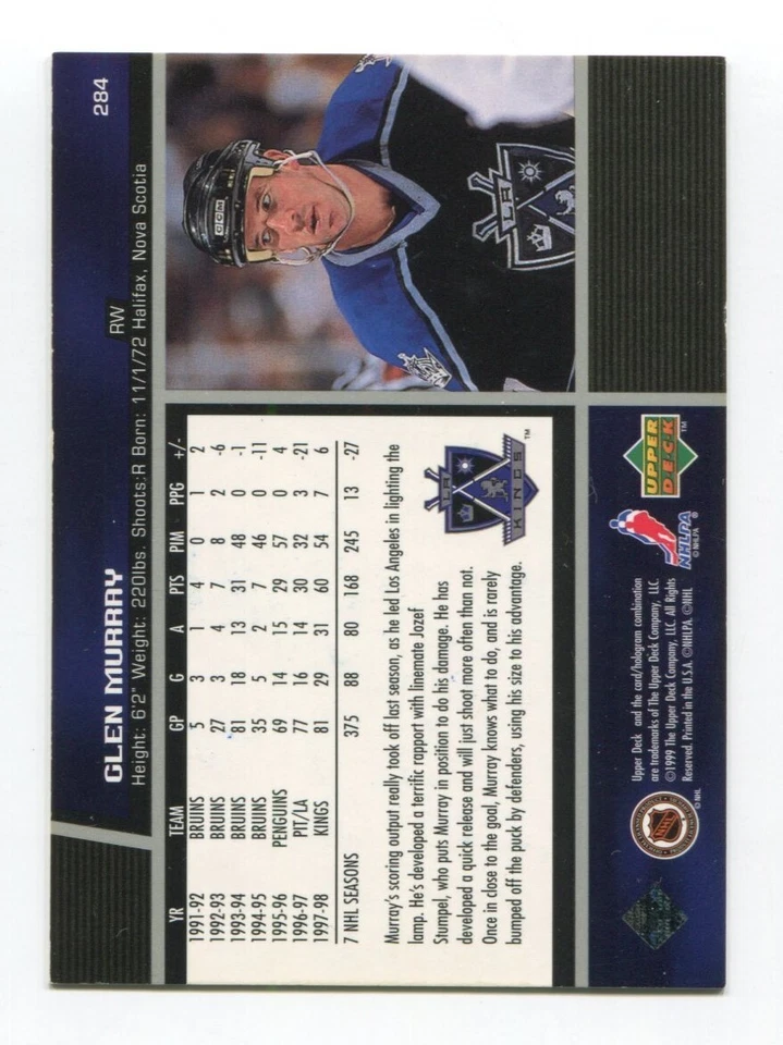 1999 Upper Deck Glen Murray Signed Card Hockey NHL Autograph AUTO #284 Kings - Image 2 of 2