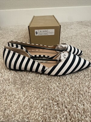 Women s Black/White Striped Pointed Toe D Orsay Ballet Flats - 9