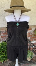 Feathers Off The Shoulder Romper; Black W/Ruffle, Pleats  Buttons; Med; New W/T