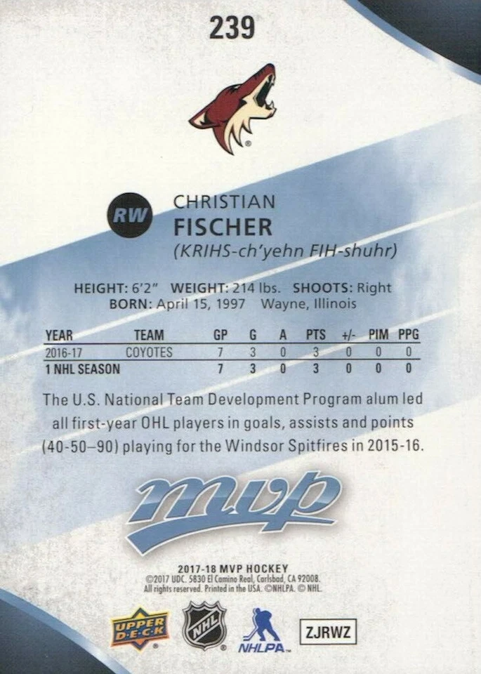 Christian Fischer Phoenix Coyotes 2017-18 Upper Deck MVP ROOKIE 239 - Image 2 of 2