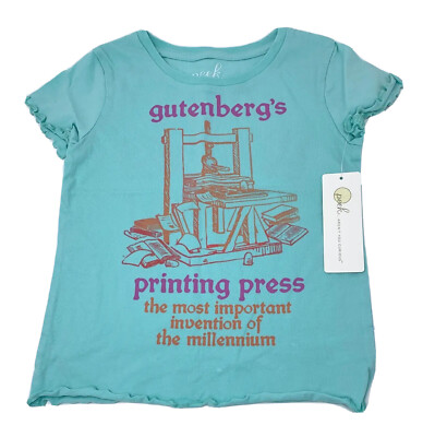 NWT Peek Girls 6 7 Teal Blue Gutenberg Printing Press Short Sleeve History Shirt