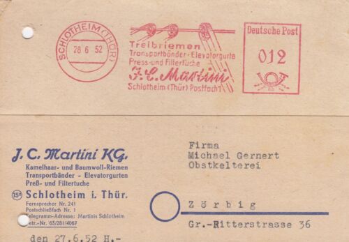 SCHLOTHEIM, Postkarte 1952, J. C. Martini KG Kamelhaar-Baumwoll-Riemen - Picture 1 of 2