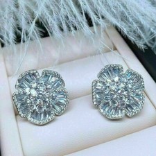 3Ct Lab Created VVS1/D Diamond Cluster Flower Stud Earrings 14K White Gold Over