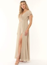 NWOT Azazie Women’s C 6 Rylee Chiffon Flutter Sleeve Bridesmaid Dress Beige C6