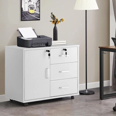 EFUNMODERN White Office Filing Cabinet Mobile Printer Stand File Storage Drawers Wheels