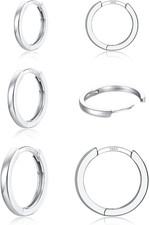 3 Pairs 925 Sterling Silver Hoop Earrings 14K White Gold Plated Small Silver Hoo