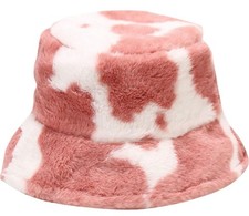 pink and white faux fur cow-print bucket hat,