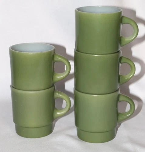 Set of 5 Vintage Anchor Hocking Fire King Avocado Green Stacking Coffee Mug USA