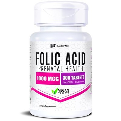HealthFare Folic Acid 1000mcg 300 Tab Folate Vitamin B9, Water-Soluble
