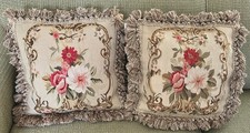 Pair of Vintage Aubusson Floral Tapestry Pillow Covers ONLY Tassel Fringe 16"
