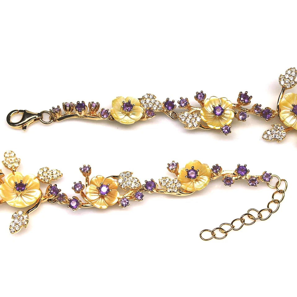 Brazalete de plata 925 amarillo madreperla, amatista y circonitas cúbicas 8 pulgadas Foto 4 de 4