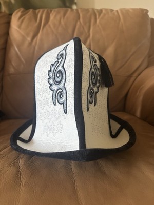 Vintage 2010s Kyrgyzstan Hat Ak-Kalpak Synthetic Wool Corduroy Trim Ethno Design