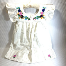 Traditional Mexican Girl's Vintage White Smock Dress 4T Embroidered Pockets EUC