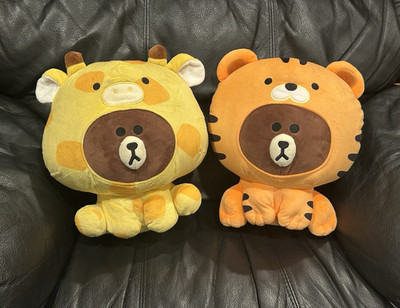 LINE FRIENDS Plush Doll Lot of 2 Small Washable Tiger & Lion Orange Yellow Brown