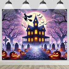 Halloween Backdrop Banner Haunted House Moon Scene 8x6ft Halloween Party Backdro