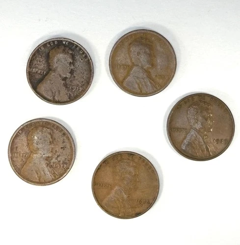1912 1913 1920 1929 1936-S Lincoln Wheat Cents Lot of 5 Coins