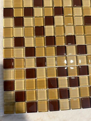 Dark Beige Mix Glossy Glass Mosaic 1''x1'' Stacked Mesh Mounted