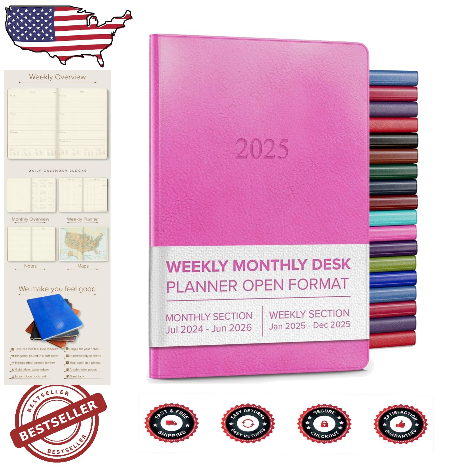 Handcrafted 2025 Desk Calendar Planner - Bonded Leather with Stylish Gold Trim