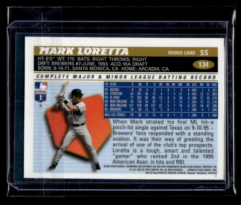 1996 Topps Chrome Refractor #134 Mark Loretta Brewers RC * Iconic Set! * - Image 2 of 2