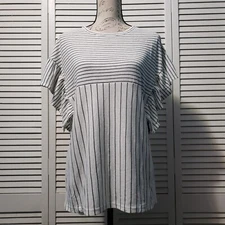 Doe & Rae Flutter Sleeve Top Women's Size Small White Black Striped Relaxed