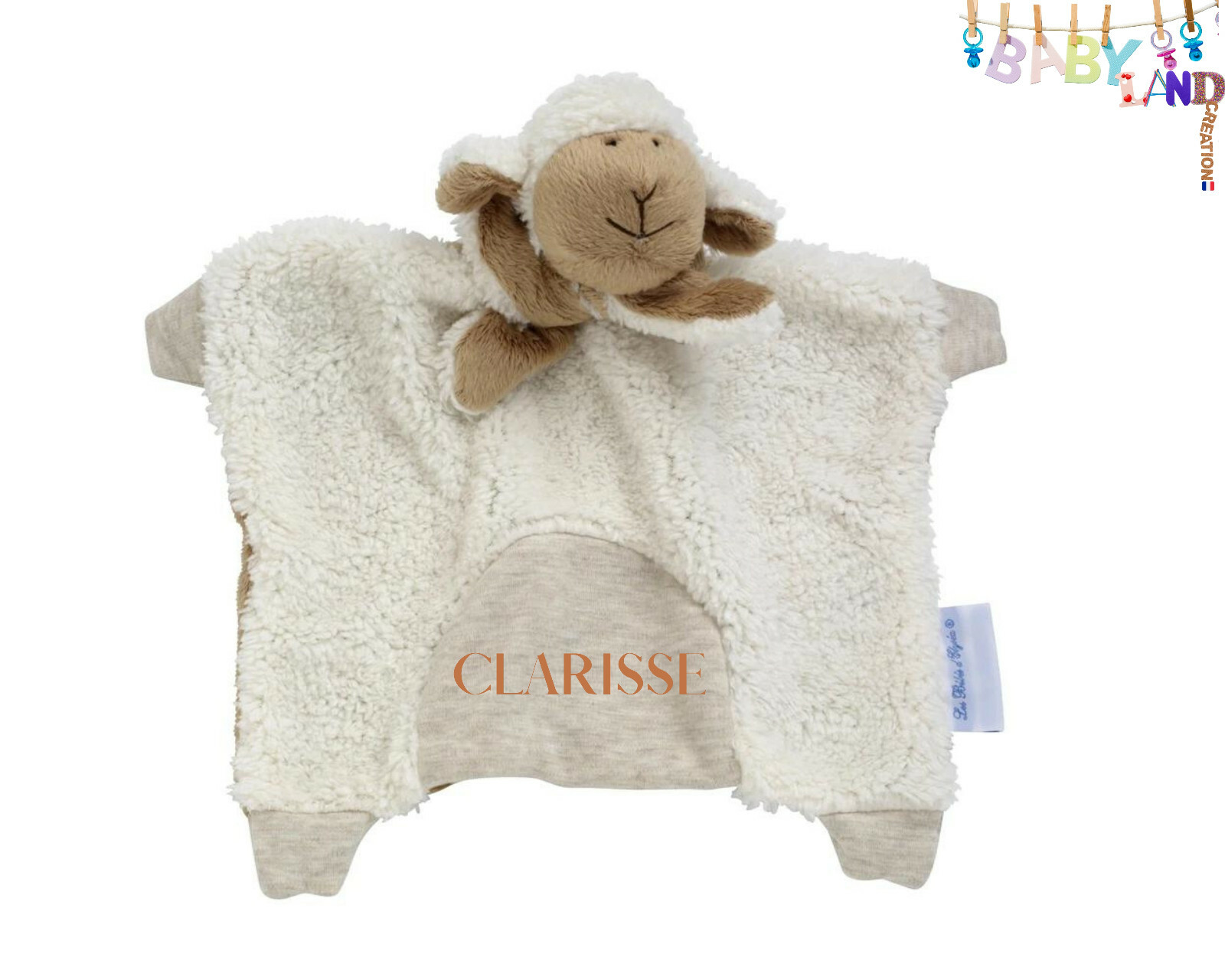 Doudou mouton personnalisé prénom pour éviter les pertes à la crèche matière douce