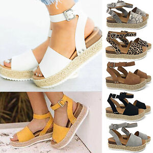 Ladies Platform Open Toe Espadrilles Wedge Heels Ankle Strap Shoes US | eBay