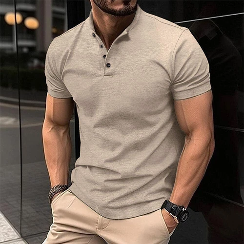Mens Henley Grandad Collar Tee Plain T-Shirt Short Sleeve Casual Button Top New