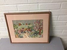 ANTIQUE VTG NEEDLEPOINT EMBROIDERY COTTAGE GARDEN FRAMED PICTURE 19  X 15  BEAUT