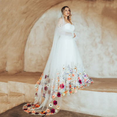 White Princess Wedding Dresses Embroidered Floral Tulle Off Shoulder Bridal  Gown | eBay