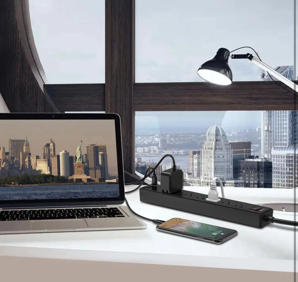 6-Outlet Surge Protector Power Strip Gray | 6ft Cord | Electrical Extension Plug - Image 2 of 4