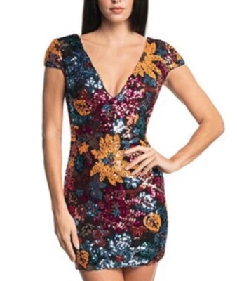 Dress The Population Womens Multicolor Zoe Sequin Short Sleeve Sheath Dress  S | eBay