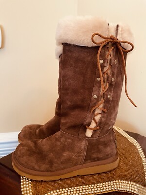 Ugg Brown Shearling Aspen Sheepskin Lace Up Side Tall Boots Metal Plate Logo 