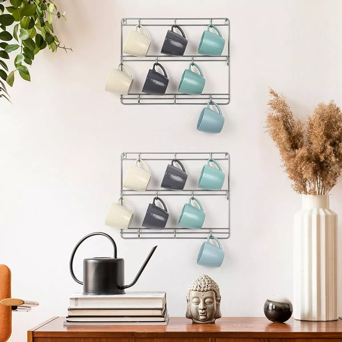2Packs Wall Mounted Coffee Mug Rack Metal Holder Cup Hanger Organizer w 10 Hooks