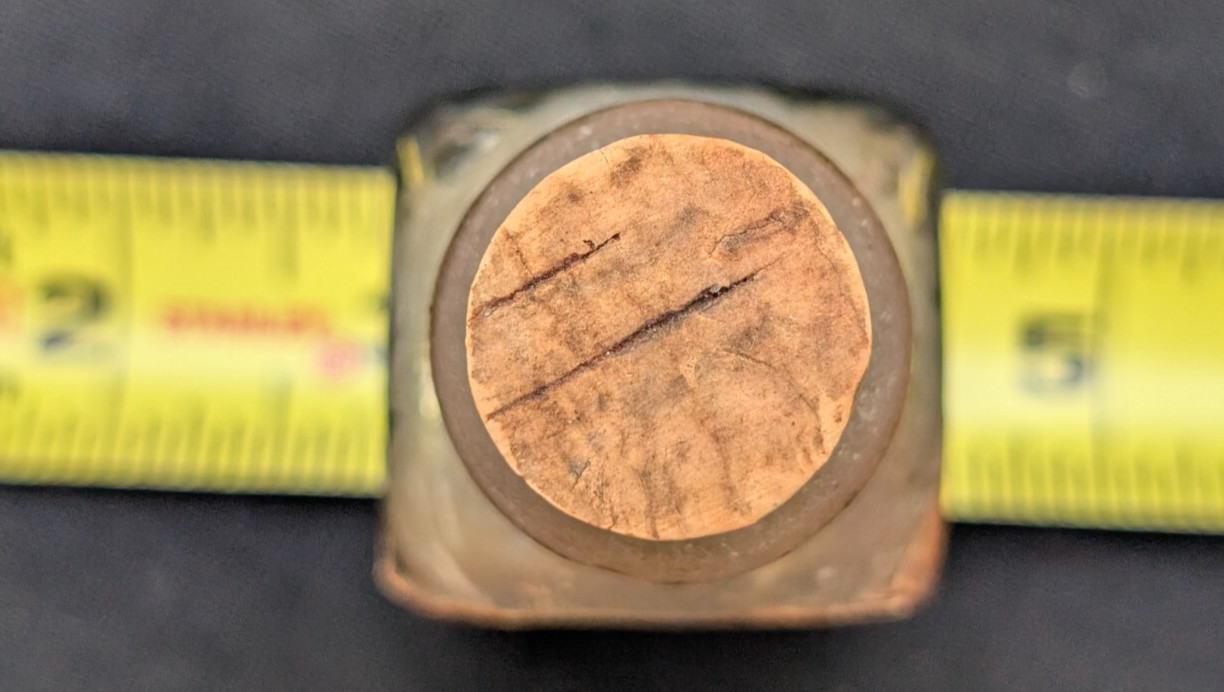 ANTIQUE VTG FRY'S ART CO. MEDIUM FOR MIXING EMBOSSED GLASS BOTTLE CORK 3/4 FULL