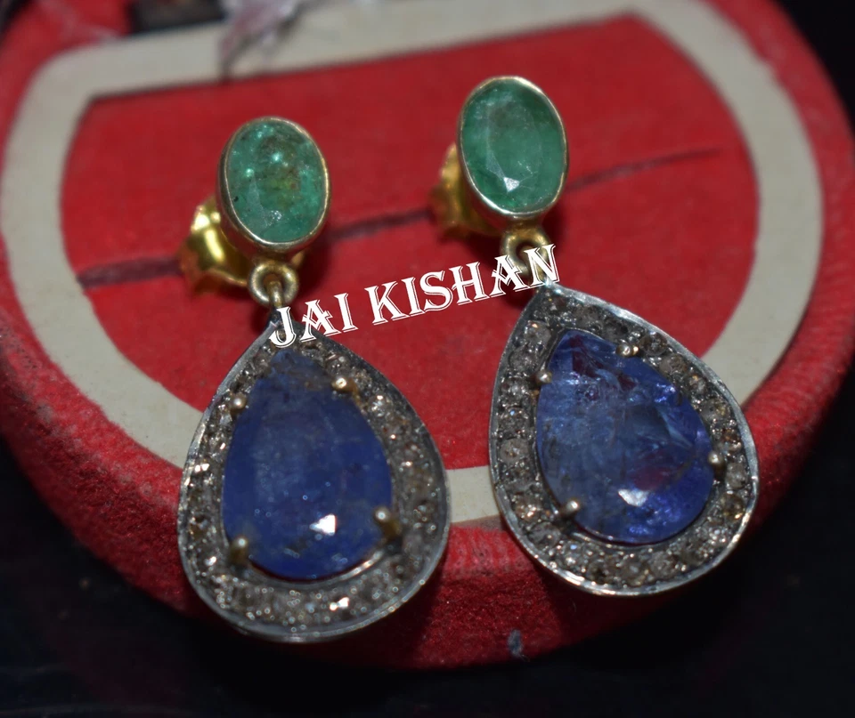 Elegant Pflastern Diamant Smaragd Edelstein 925 Sterlingsilber Lang Ohrring - Bild 4 von 4