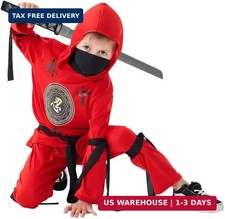 Deluxe Red Ninja Costume with Weapon Ninja Sword, Hood Pant Ribbons for Kids Hal