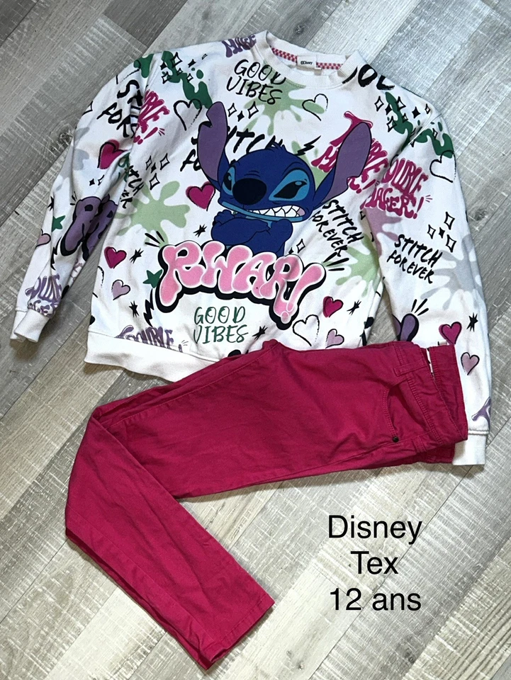 Disney Tex 12 ANS FILLE : Ensemble Sweat Stitch + pantalon Rose été TBE - Photo 1/1