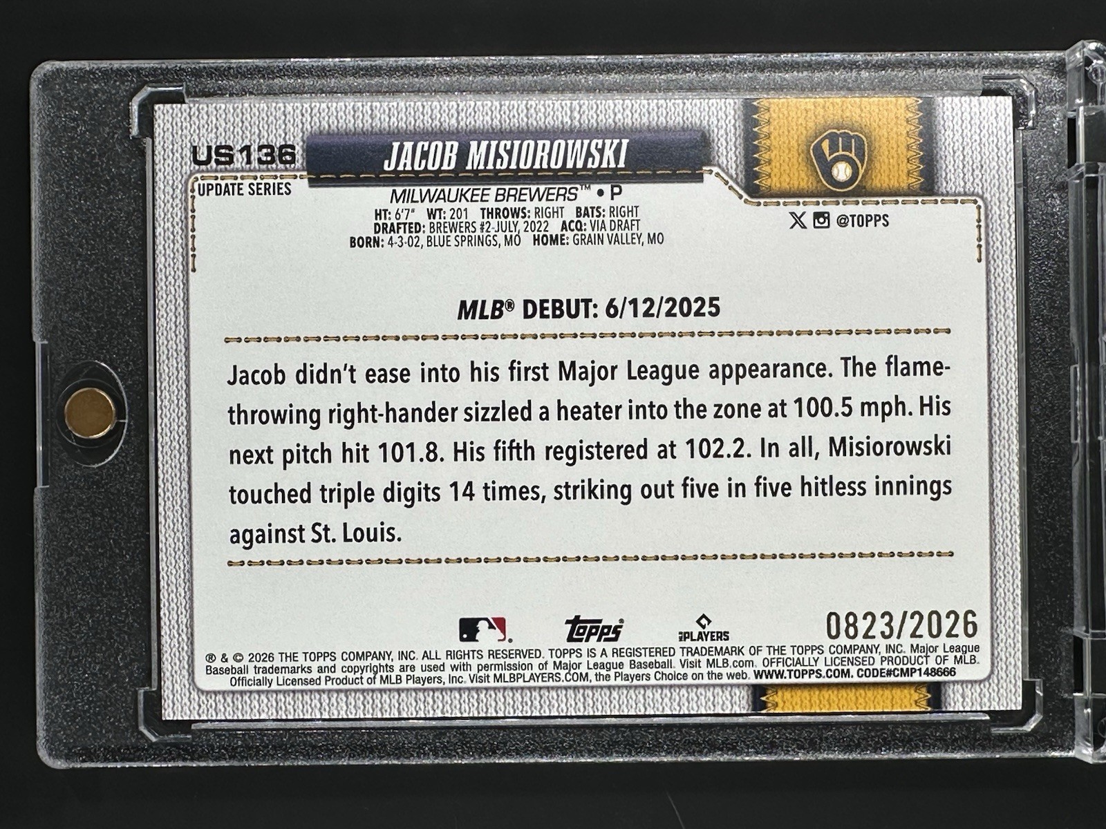 /2026 Jacob Misiorowski Gold 2026 Topps Update Rookie Debut (RC) #US136 Brewers - second product detail image