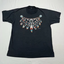 VTG Southwestern Native American Feathers Glitter Single Stitch T Shirt Size XL